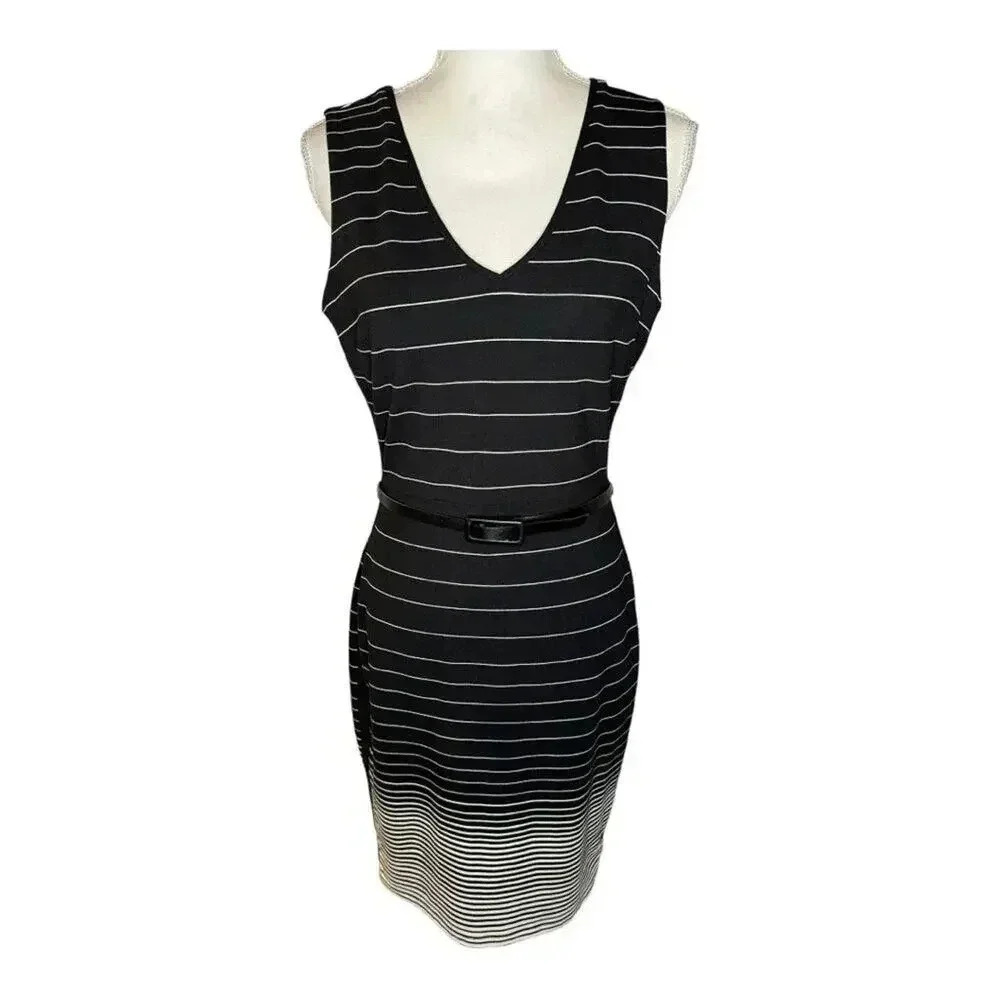 WHBM Women’s Size 6 Black & White Gradient Stripe Belted Sleeveless Sheath Dress